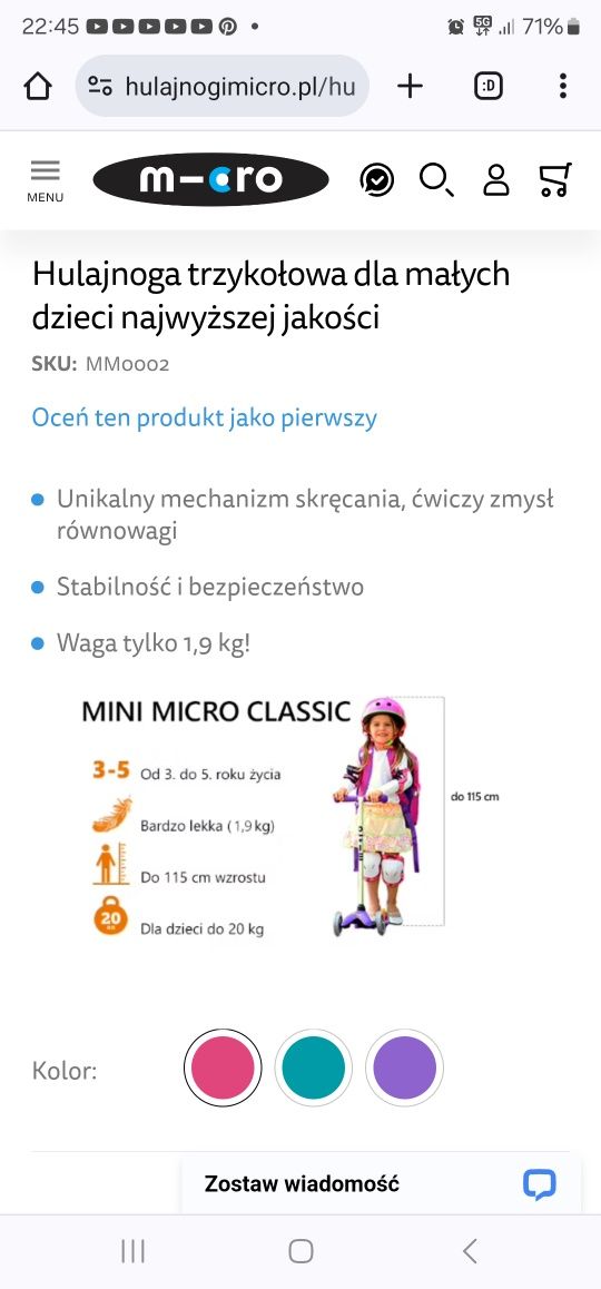 Hulajnoga od 3 do 5 lat Mini Micro Classic trzykołowa