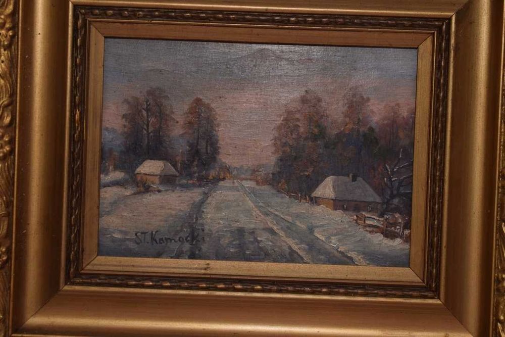 ST Kamocki - Pejzaż Polskiej Wsi Wiejska Chata - Stary Obraz na Drewni