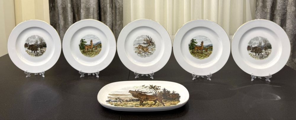 Фарфоровый столовый сервиз Wunsiedel GDR Германия мотив охота