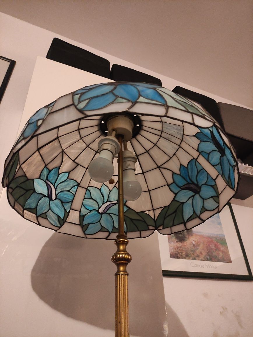 Lampa stojąca,witrażowa,mosiężna, stara w stylu Tiffany, duża, vintage