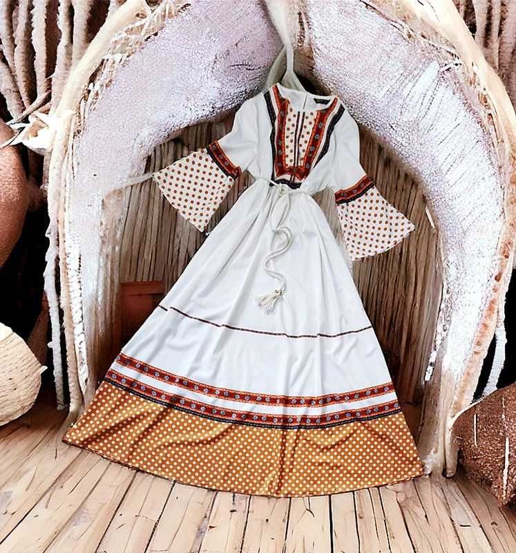 Długa Sukienka Maxi Grochy Wzory Boho Hippie Folk Etno Retro Oversize