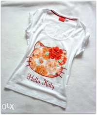Hello Kitty - biała koszulka/bluzka. Śnieżna biel. Floral. XS/34