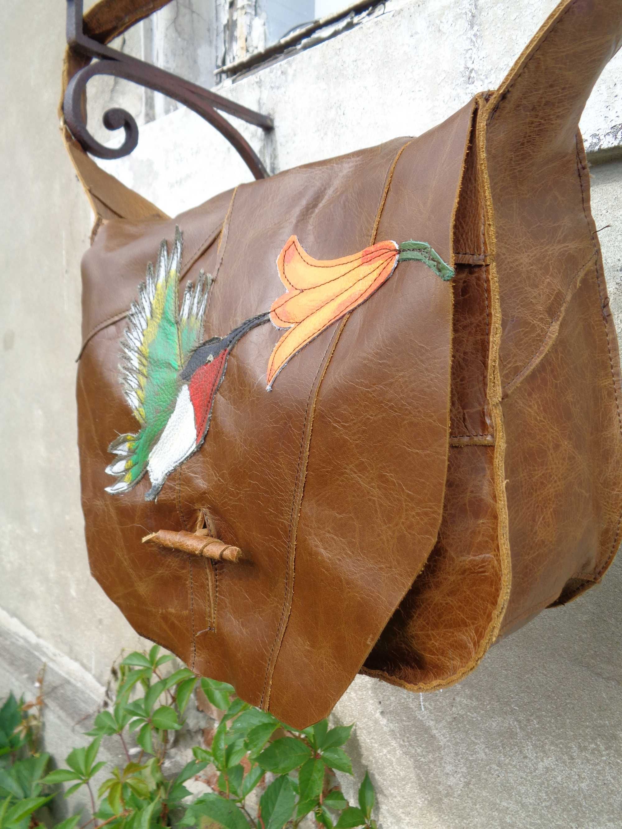 Artystyczna torebka skórzana z kolibrem.  Handmade