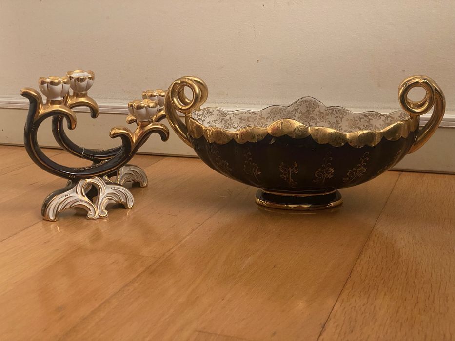 Conjunto RB Alcobaça em porcelana azul e dourada