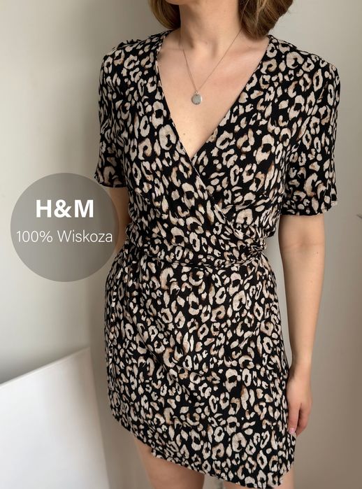 Sukienka kopertowa 100% wiskoza H&M panterka czarna beżowa wiązana 40
