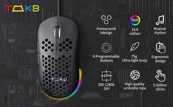 Mysz Gamingowa do Gier Podświetlana RGB Przewodowa TMKB M1 12800 DPI