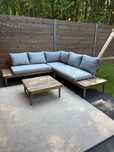 Meble ogrodowe, sofa i stolik, drewniane