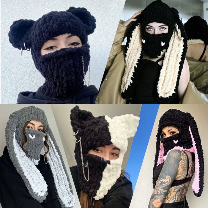 В'язана зимова балаклава з вушками кролик, ведмедик, котик