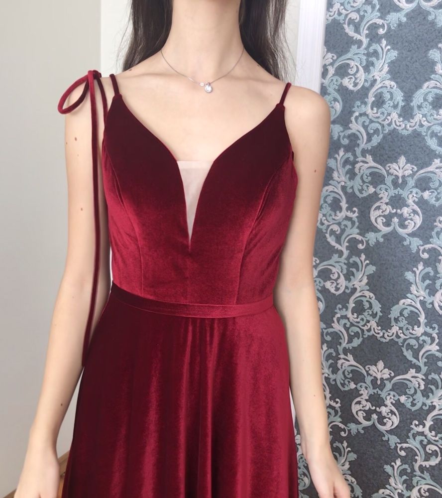 Вечірня сукня плаття випускний червоне довге бархатне вишневе