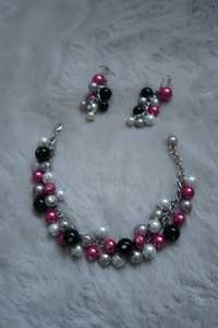 Perełkowe - Bransoletka i kolczyki perły białe różowe czarne zestaw
