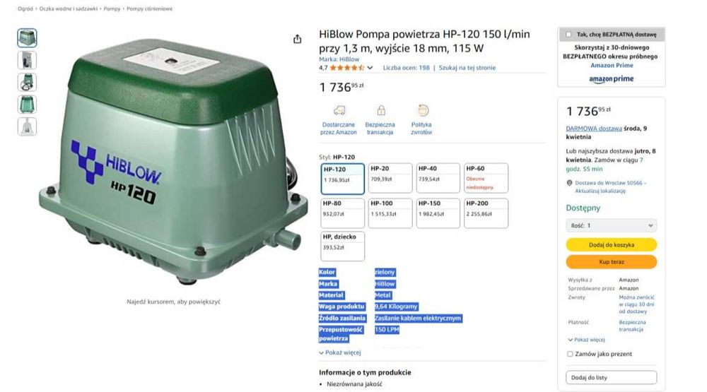 Dmuchawa Pompa Powietrza do Stawu Oczka NOWA HiBlow HP-120