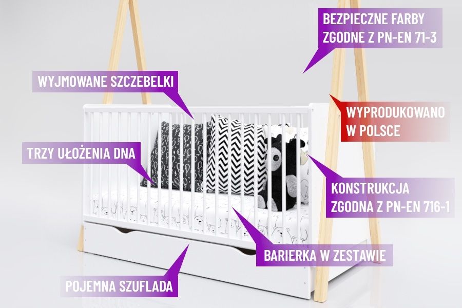 Używane łóżeczko Tipi 140x70 + tapczanik z szufladą