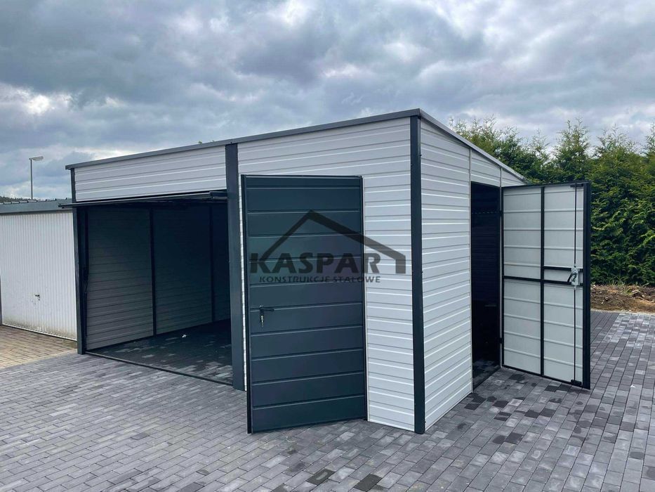 Garaż blaszany 5x6 Brama uchylna x2 + drzwix2 biały spad w tył  GP121