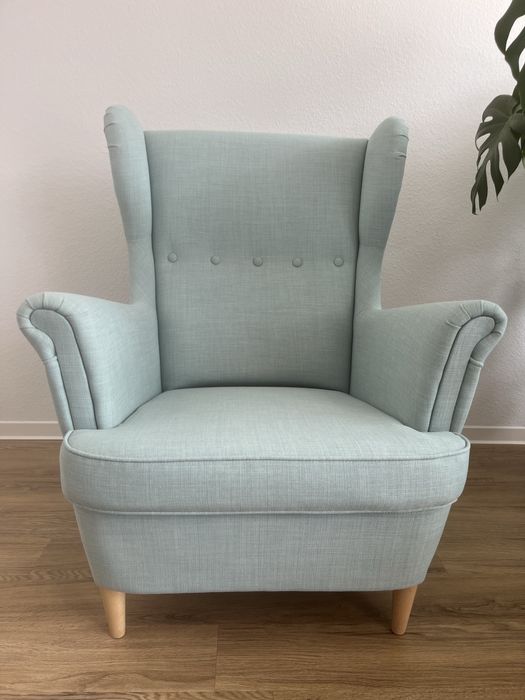 Ikea Strandmon fotel uszak miętowy błekitny niebieski - jak nowy