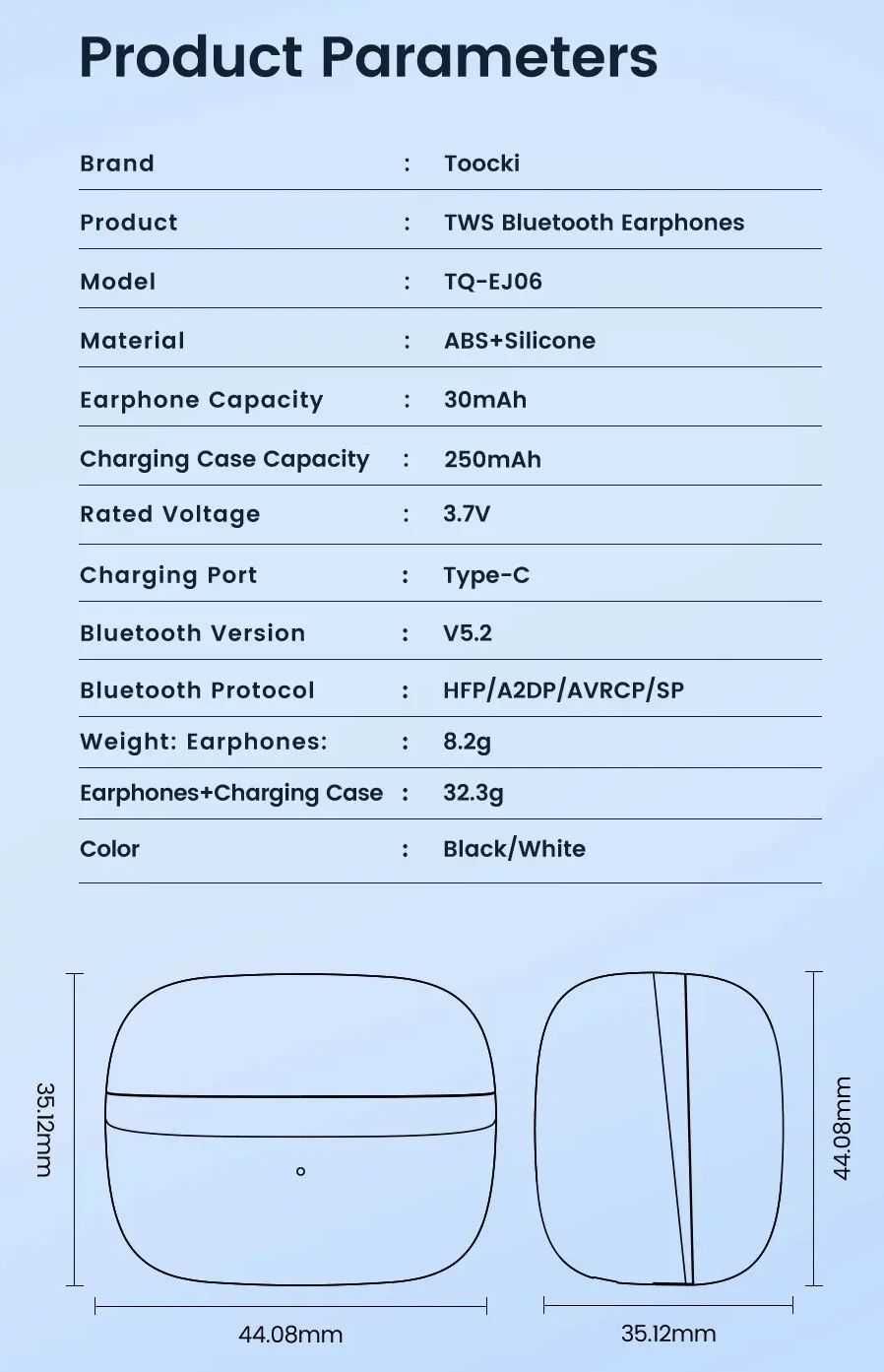 Toocki TWS słuchawki douszne Bluetooth BT5.2 Hi-Fi Stereo