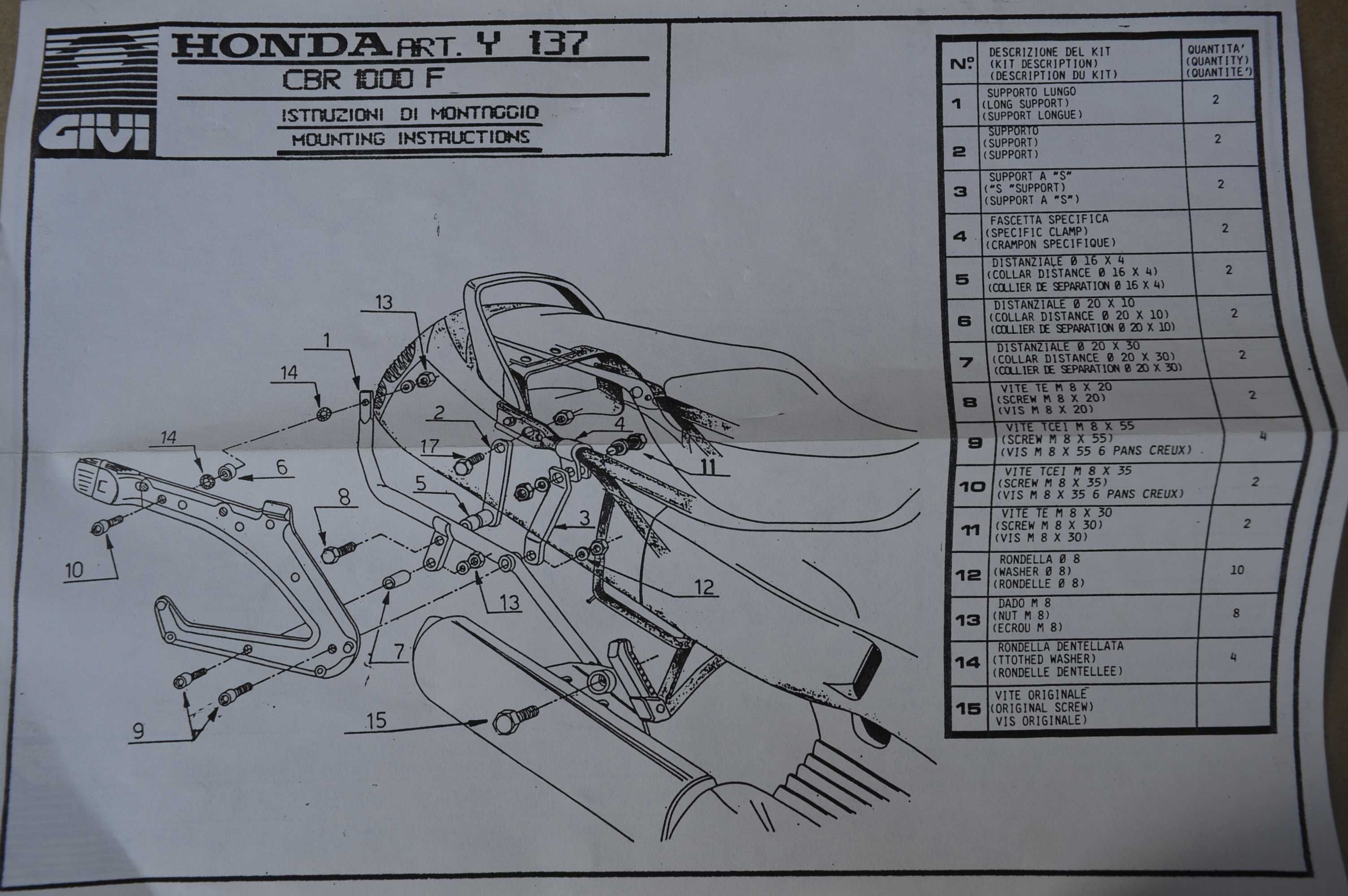 Honda CBR 1000 sc21 '87-88r Givi wingrack stelaż na 3 kufry monokey