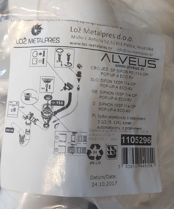 Syfon do zlewozmywaków ALVEUS pojedynczy z korkiem automatycznym