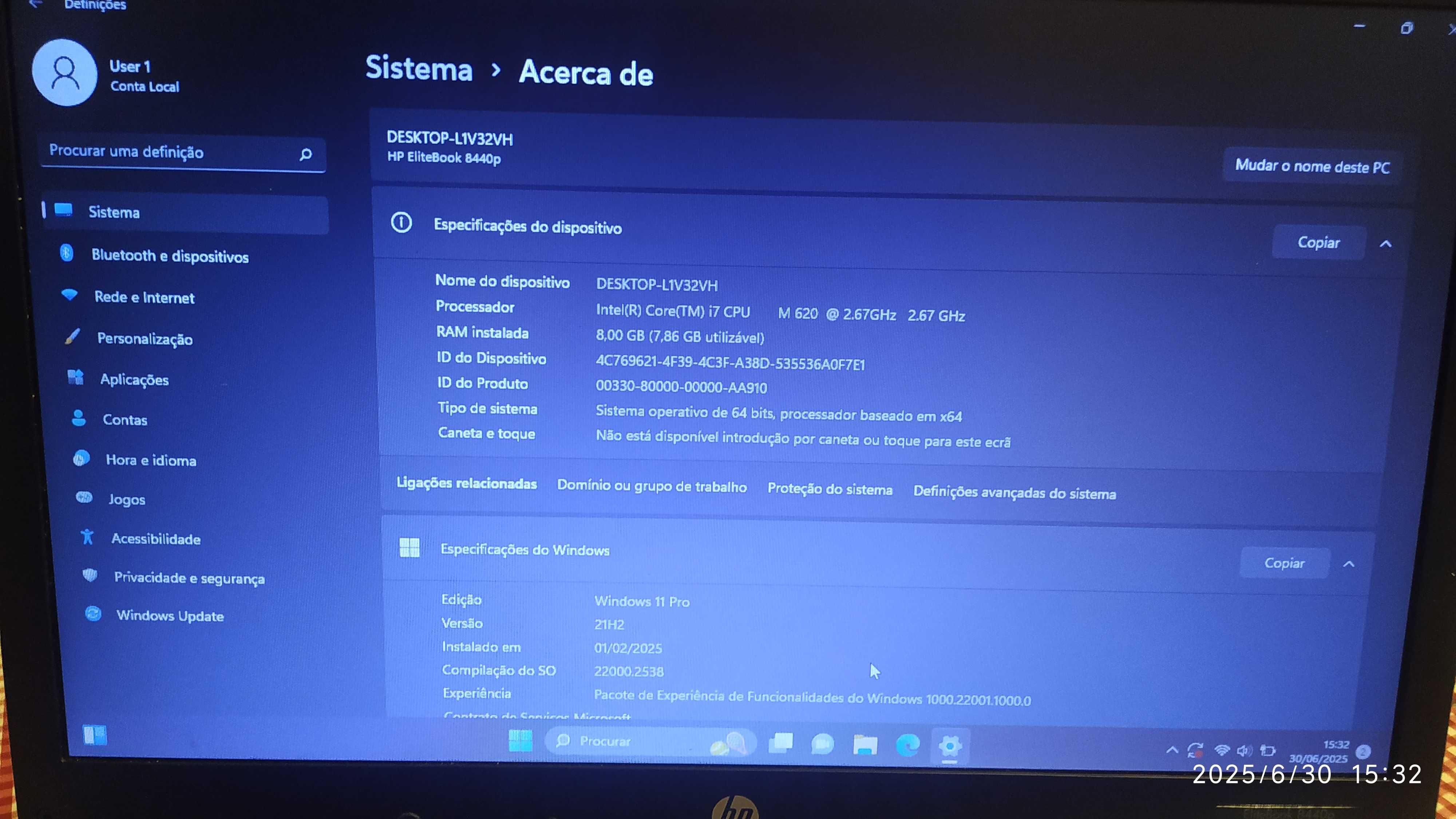 HP Elitebook processador i7 8Gb RAM SSD250GB + mala transporte HP