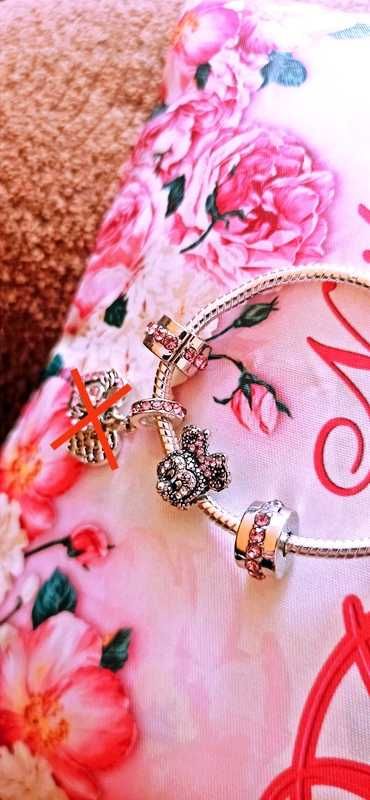 Srebrna bransoletka regulowana + charms Myszka Minnie DISNEY + klipsy