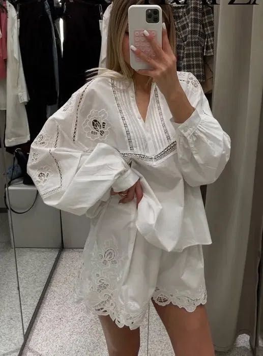 Неймовірний костюм ZARA білий котоновий блуза шорти з мереживом прошва