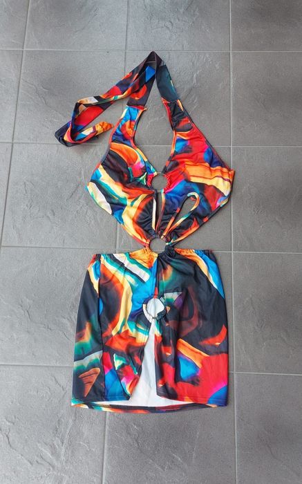 Sukienka mini kolorowa bez pleców wiązana wycięcia boho Nowa M 38