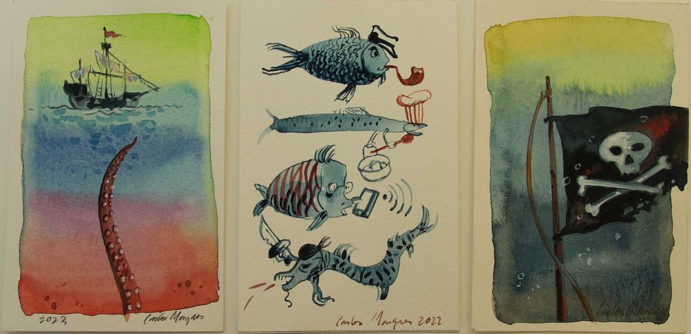 3 Aguarelas. Carlos Marques, fantasia, surreal, marinheiros.