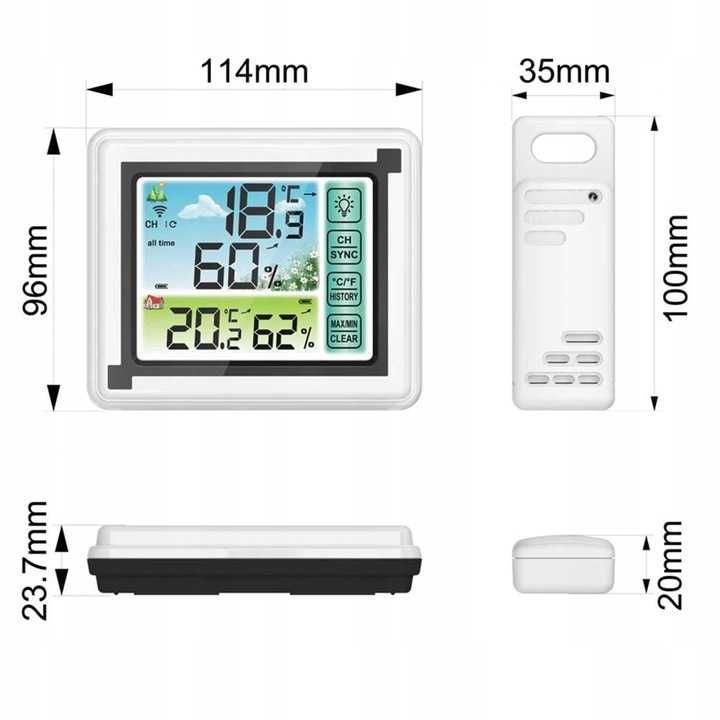 Stacja pogodowa termometr higrometr zegar IPX4 2w1