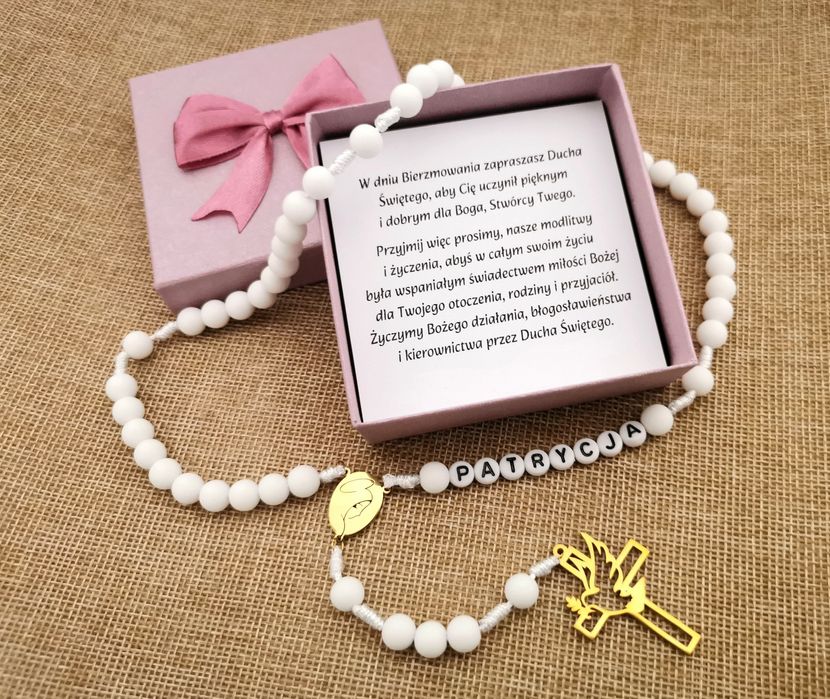 Różaniec imienny kamienie biały onyks bierzmowanie prezent Komunia