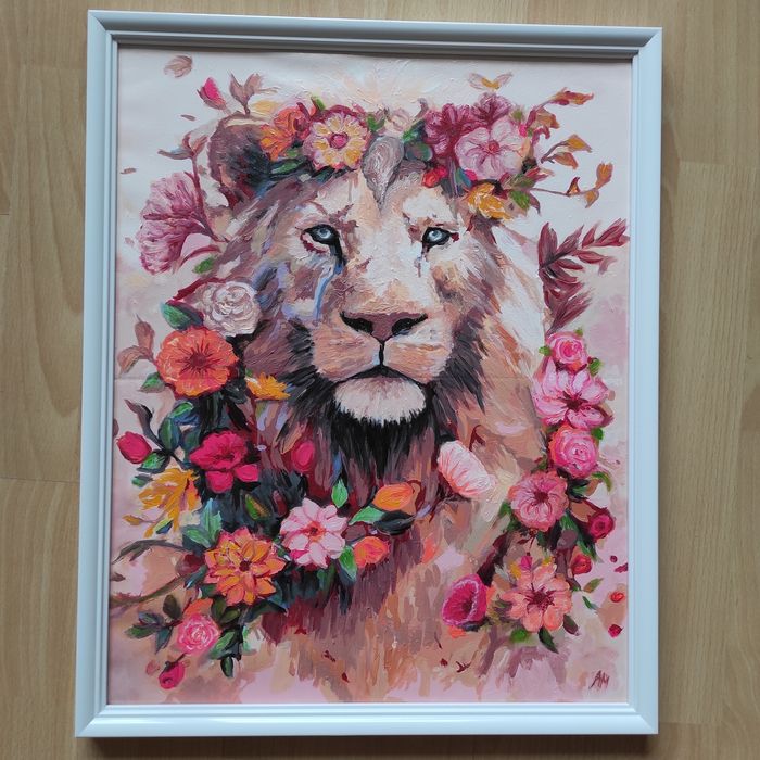 Obraz ręcznie malowany 40 x 50 cm, w białej ramie, lew kwiaty