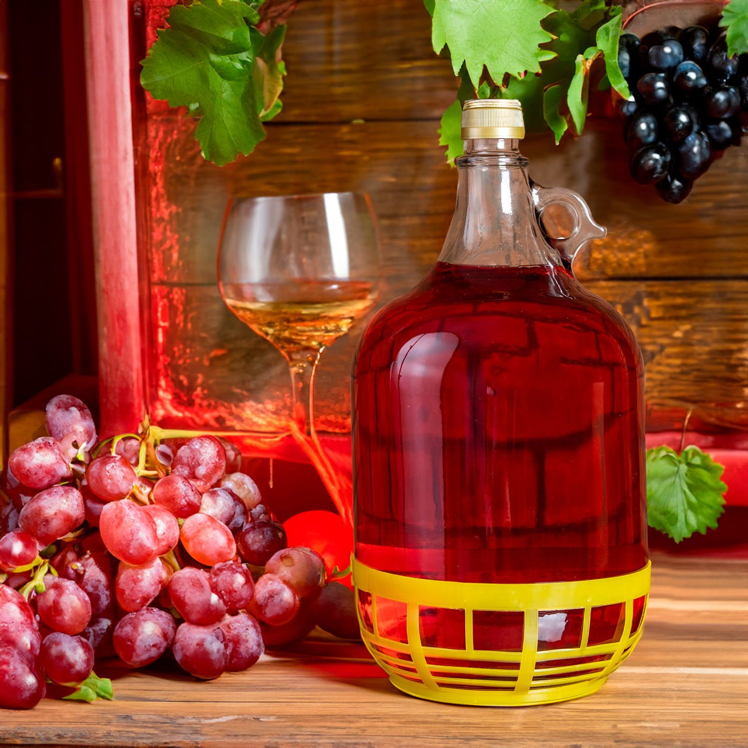 4x gąsior - 5 l - balon, dama na wino w koszyku z zakrętkami