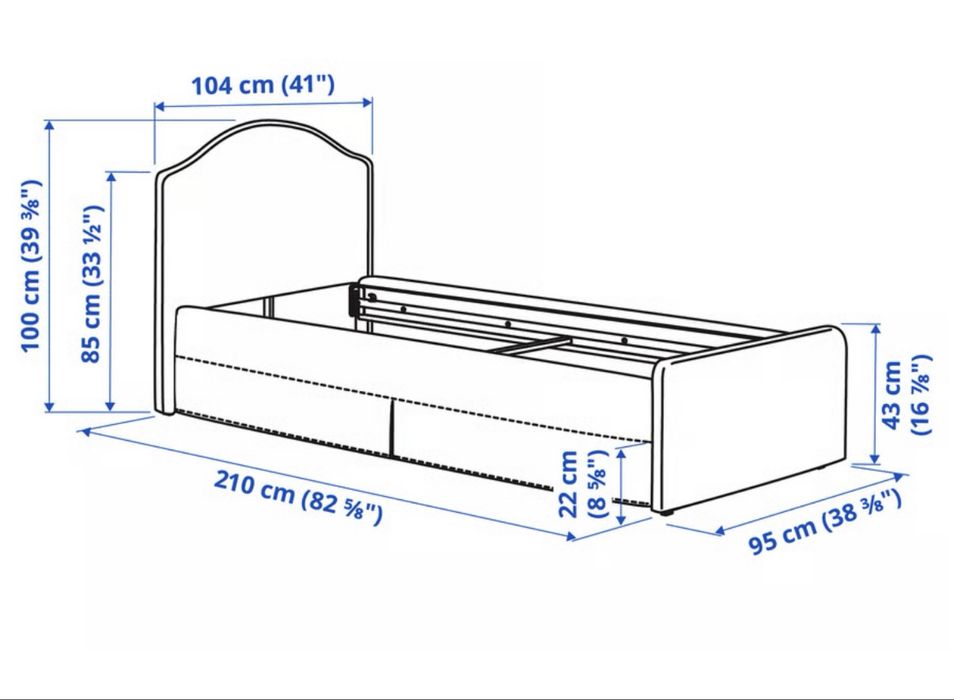 Cama com arrumação e cabeceira acolchoada