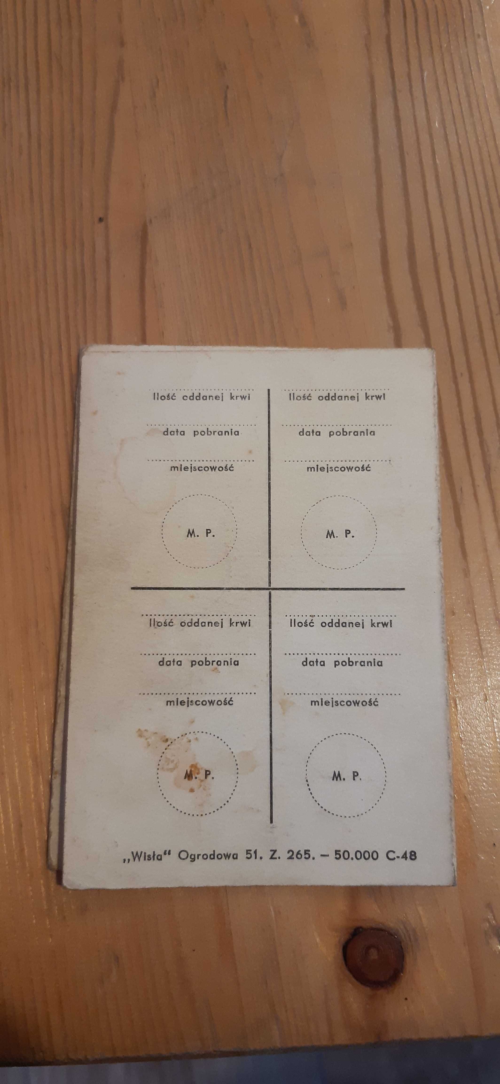 stara legitymacja honorowy dawca krwi 1961 rok pamiątka prl