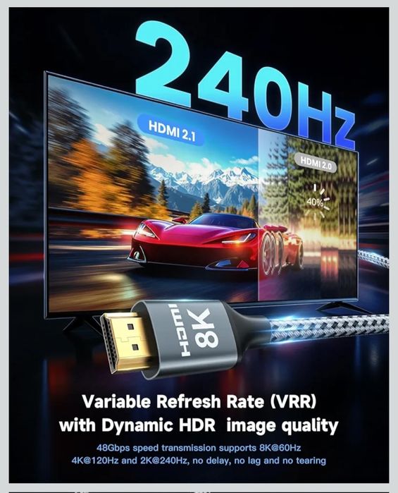 ARISKEEN Nylonowy pleciony kabel HDMI 2.1 8K, 1 m