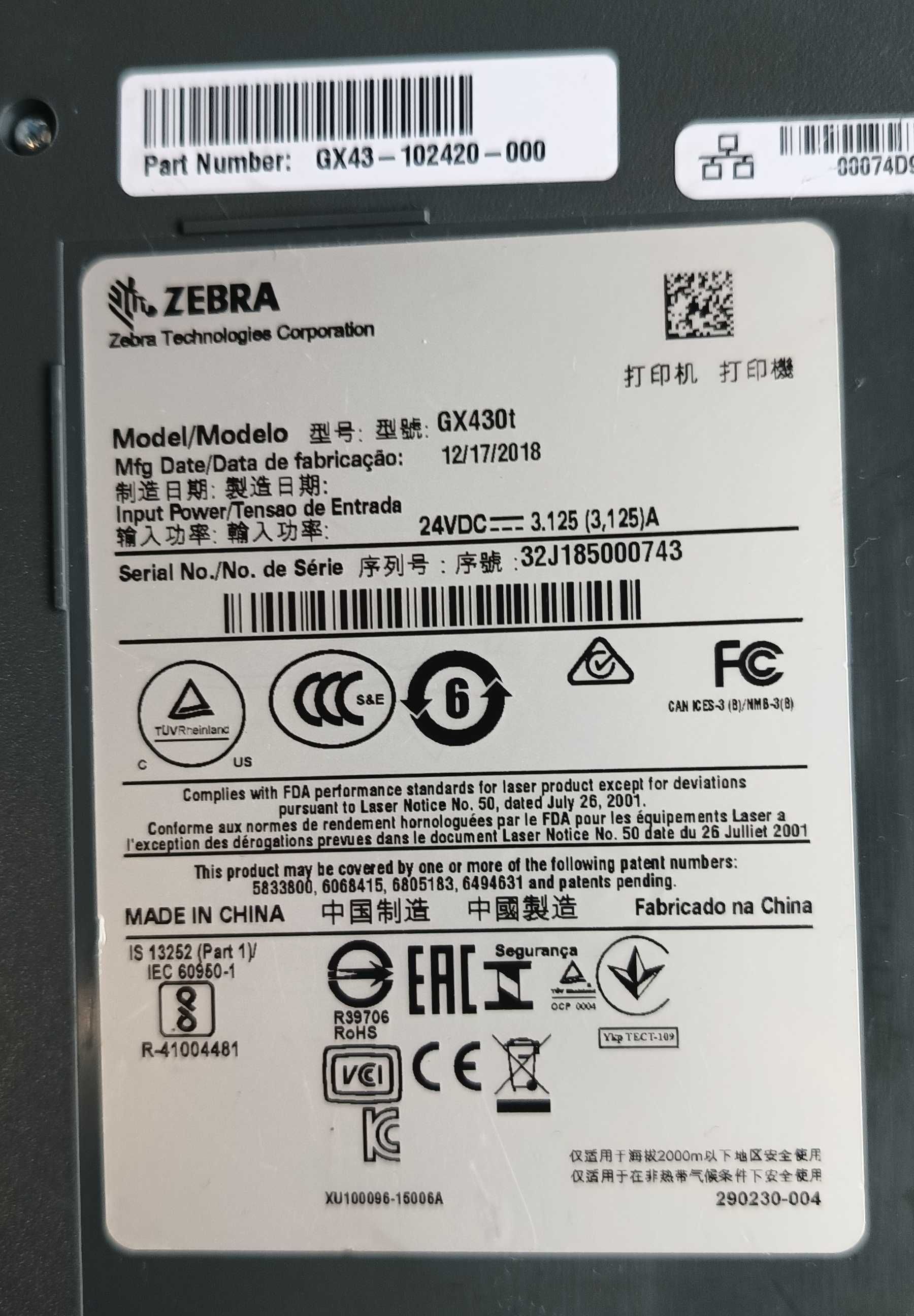 Drukarka termiczna Zebra Gx430t bez zasilacza [ZEBRA14]