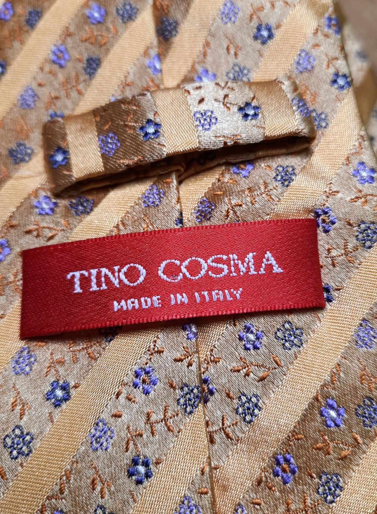 Krawat Tino Cosma Jedwabny Złoty w Niebieskie Kwiaty