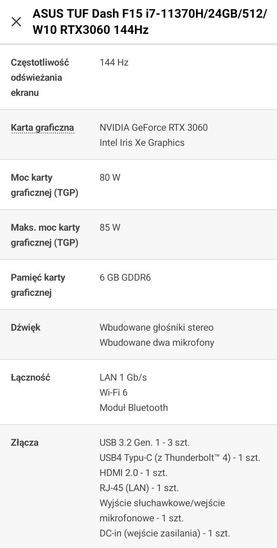 ASUS TUF Dash F15 i7-11370H/24GB/512/W10 RTX3060, 144Hz