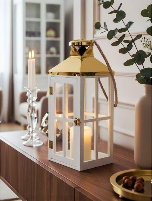 Lampion Latarnia Biel i Złoto