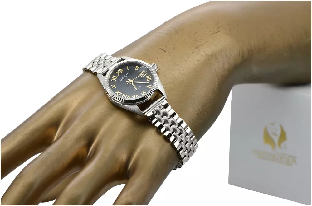 Zegarek damski z białego złota 14k z czarną tarczą lw020wdbc&lbw008w P