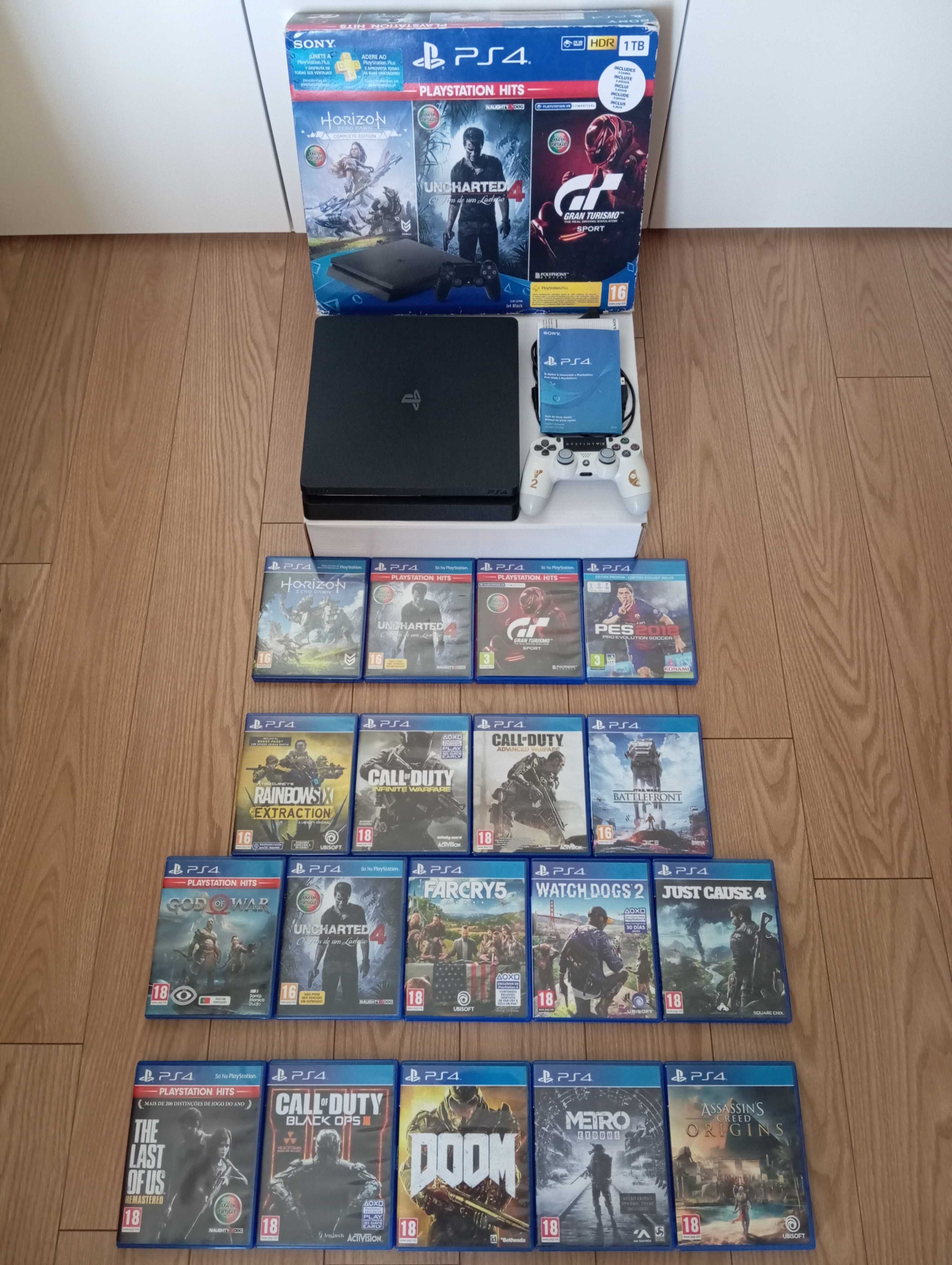 PS4 1TB PlayStation 4 slim, embalagem, comando Sony, 4 jogos