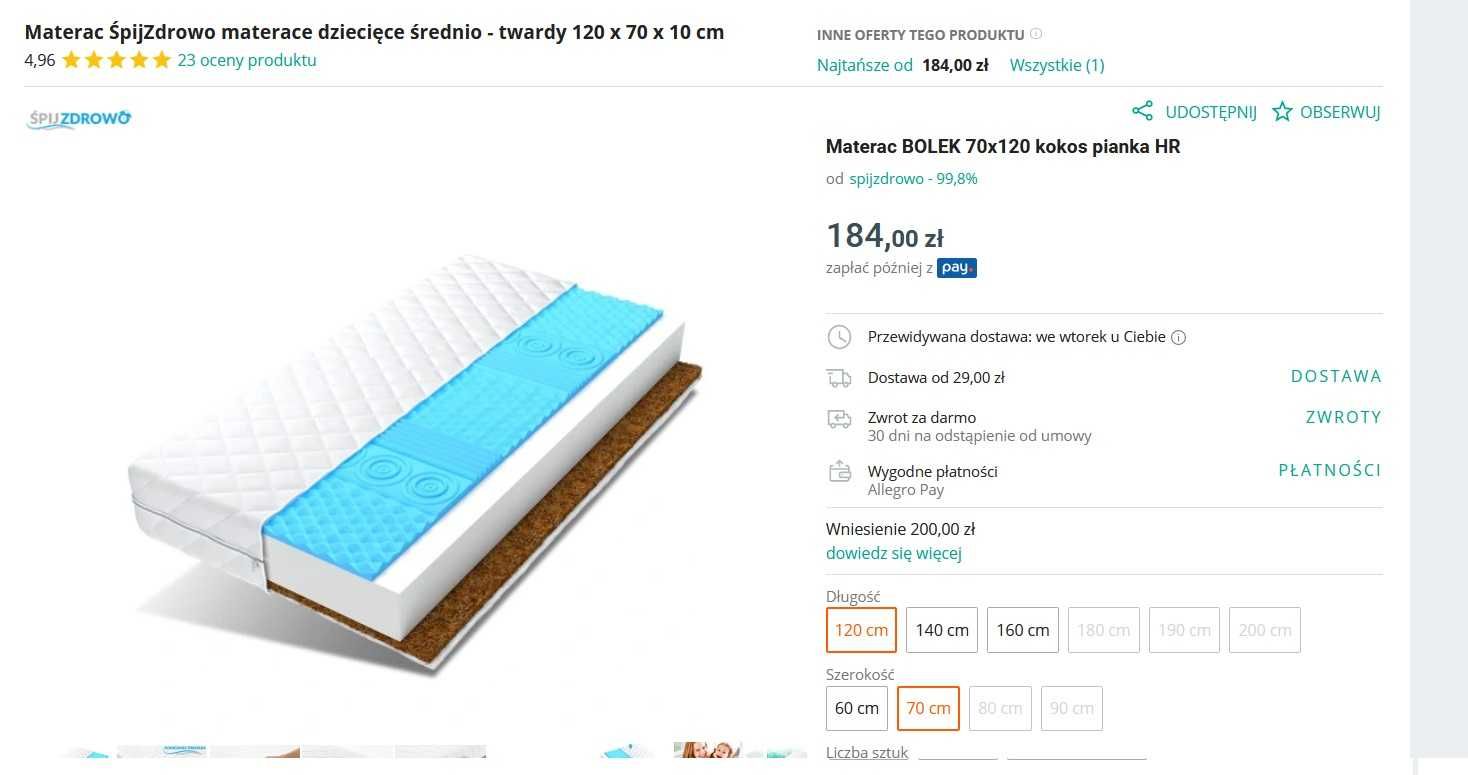 Materac BOLEK COCO 70x120 kokos pianka dla dzieci 120x70 do łóżeczka