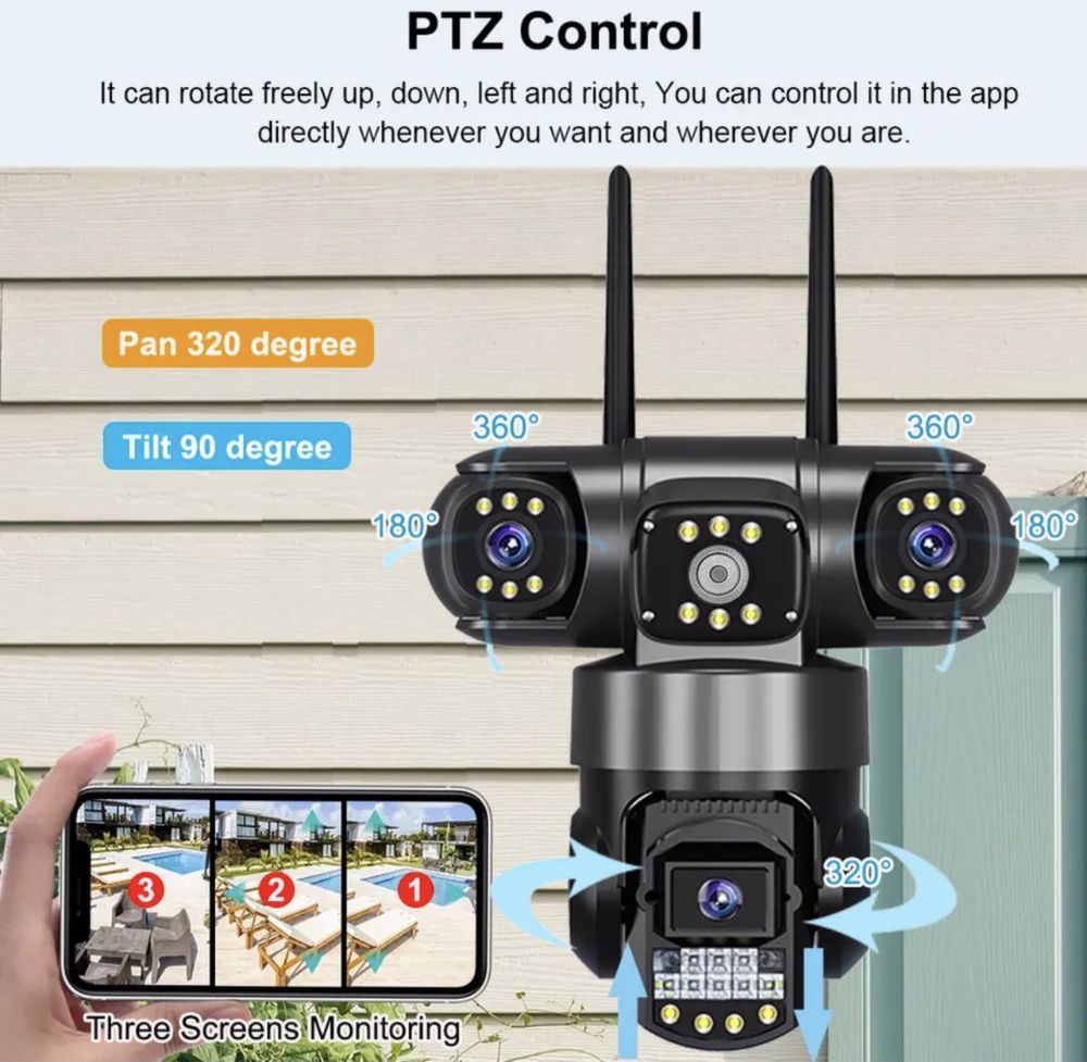 Камера V380Pro 3 екрани WiFi IP камера 12MP 6K ВУЛИЧНА PTZ відеокамера