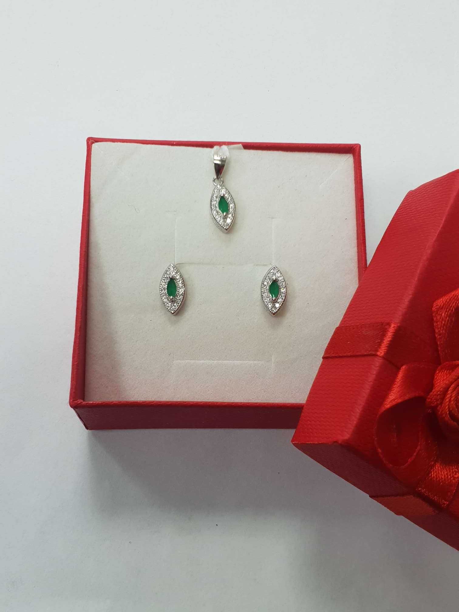 Srebrny komplet biżuterii z zielonym oczkiem i cyrkoniami, srebro 925