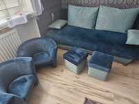 Sofa, 2 pufy, 2 foteliki dziecięce