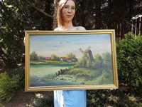 Obraz malowany olejny "MŁYN Pejzaż z wiatrakiem" w ramie 87x57cm