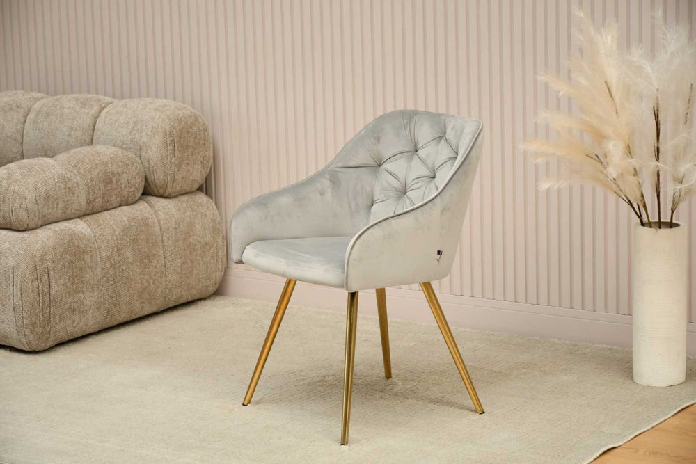 Krzesło Gilbert jasny szary welur złota nog OKAZJA NOWE ostatnie 6 szt