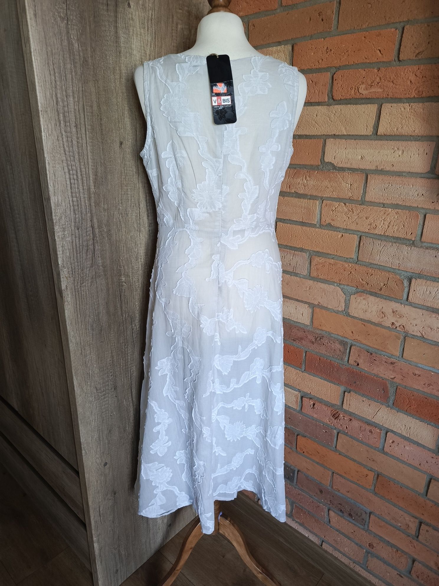 elegancka sukienka vintage midi V&Bis 40 z haftkami naszywkami szara n
