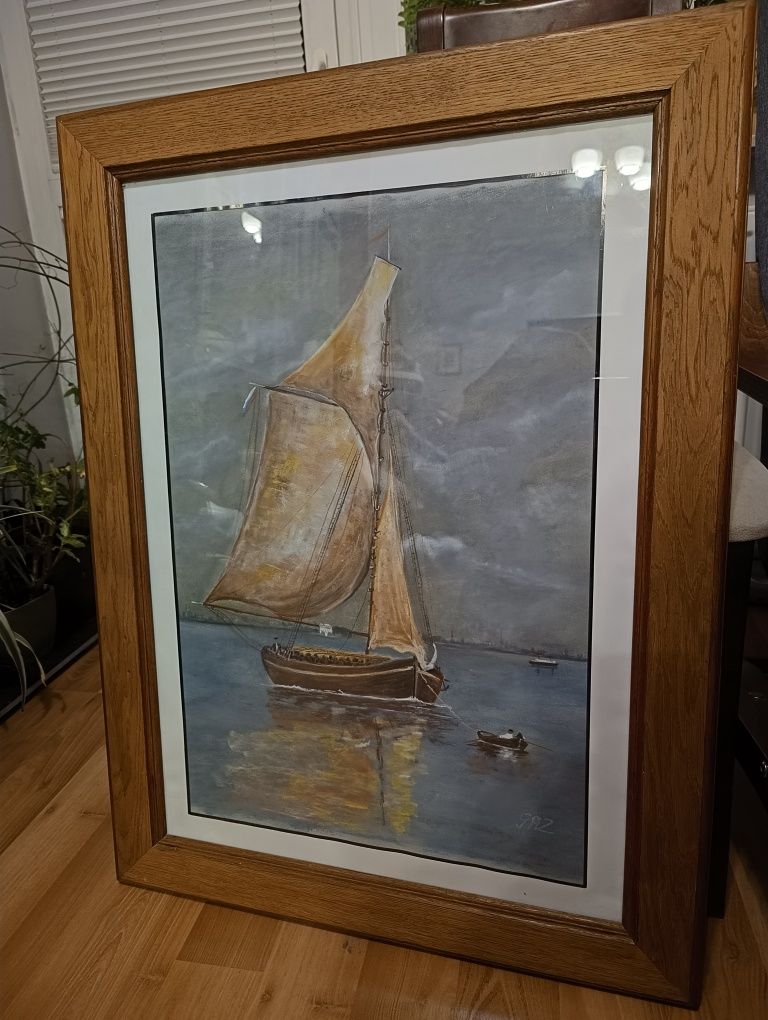 Obraz duży w ramie łódka 85 x 63 cm ręcznie malowany