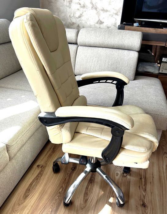 Fotel Obrotowy Biurowy Krzesło Biurowe Obrotowe Biur Beżowy z Podnóżek