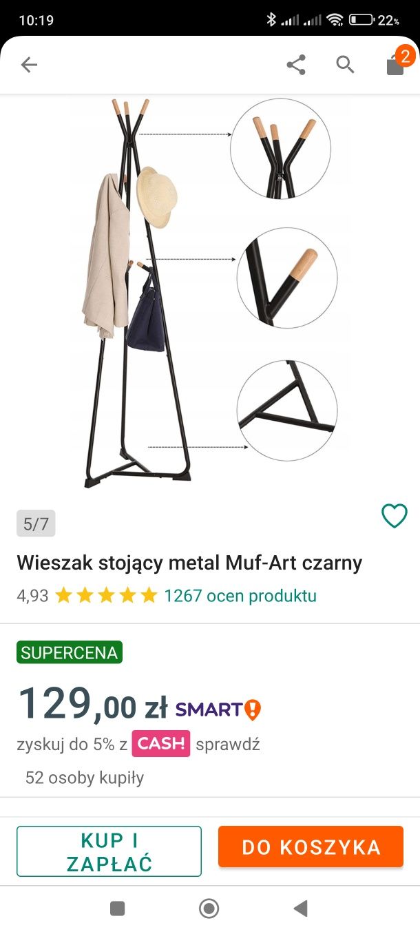 Wieszak stojący metal Muf-Art czarny.