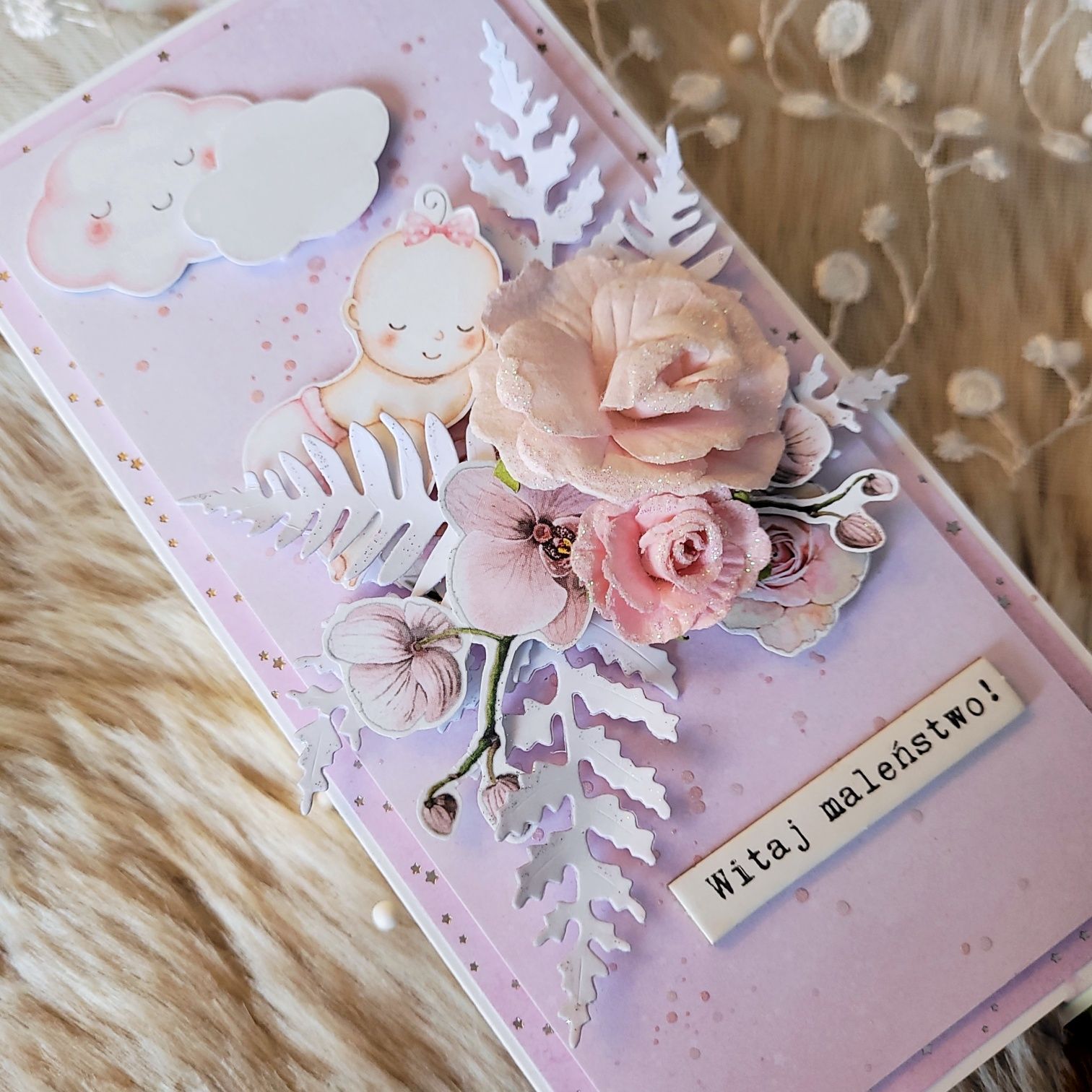 Kartka ręcznie robiona na narodziny dziewczynki chrzest scrapbooking